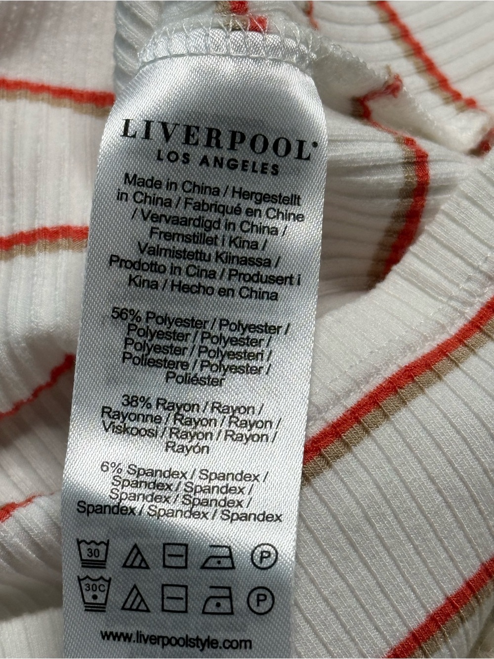 Liverpool Los Angeles White & Red Striped Rib Knit Top XS | Stretch Boat Neck - Picture 4 of 5